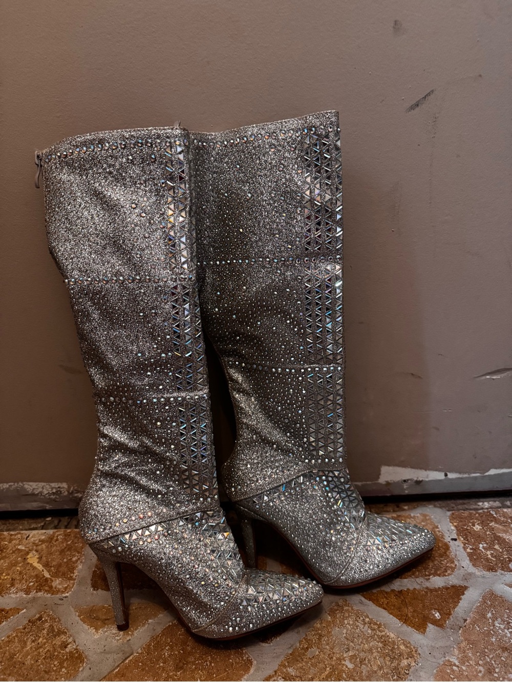 Silver Crystal Embellished Knee-High Stiletto Boots - Women